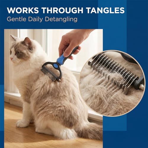 Pet Pro Grooming Tool for Dogs & Cats, 2-in-1 Blue Deshedding Brush & Wooden-Handle Steel Comb, Undercoat Rake for Long Hair Thick Coats, Painless Dematting Removes Tangles Knots & Loose Fur