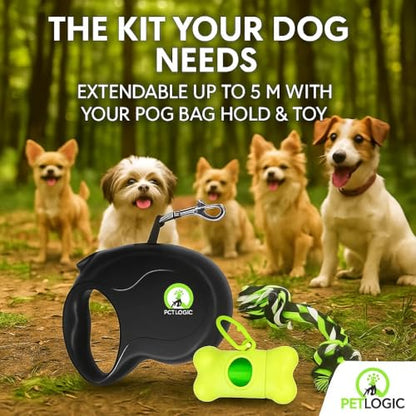 Retractable Dog Leash for Small and Medium Dogs, 3 in 1 Kit with Waste Bag Dispenser & Rope Toy, Controlled Walking Leash