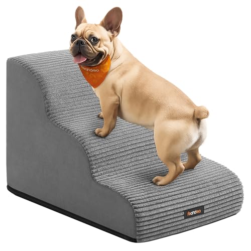 Feandrea 3-Step Dog Stairs, Dog Steps for Bed, Sofa, Waterproof Pet Stairs with Anti-Slip Designs, Gentle Slope, Removable Washable Cover, Handle, Dove Gray UPPS003G01 - size: 3-Step