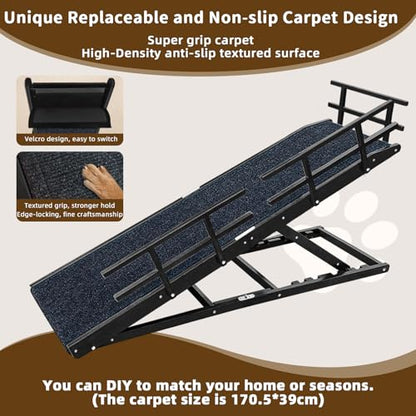 Dog Ramp for Bed - 65" Length, Supports up to 32" Height,Includes Non-Slip Replaceable Carpet, Safety Rails & Landing Platform,Adjustable & Foldable Pet Ramp for Large/Senior Dogs to Get on Bed-Black