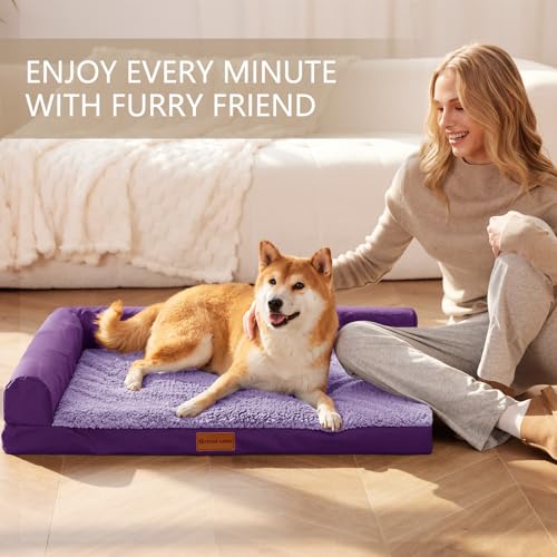 Patas Lague Orthopedic Dog Bed Medium Size Dog 30''X20'', Waterproof L Bolster Medium Pet Sofa Beds with Removable Washable Cover, Soft Pet Couch Crate Mat with Nonskid Bottom, Purple - color: Purple, size: 30"L x 20"W x 3.5"Th