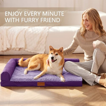 Patas Lague Orthopedic Dog Bed Large Sized Dog 36''X24'', Waterproof L Bolster Medium Pet Sofa Beds with Removable Washable Cover, Soft Pet Couch Crate Mat with Nonskid Bottom, Purple - color: Purple, size: 36"L x 24"W x 3.5"Th