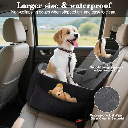 Dog Car Seat for Small/Medium Dogs,Pet Dog Booster Car Seat Puppy 15-35 lbs with Soft 4+2in Detachable Pads Detachable Elevated Cushion and Washable Cover Safety Belt Storage Pockets Easy to Install - color: grey+black