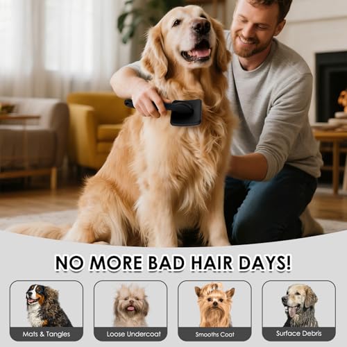 Large Dog Slicker Brush, 2 PCS Doodle Grooming Brush Kit with Comb, Black | With two leather protective covers; ideal for Goldendoodles, Poodles, Labradoodles; extra long pin; premium wooden handle. - color: Black
