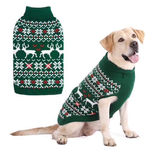KOOLTAIL Christmas Dog Sweater, Cold Weather Pullover Classic Knitwear, Reindeer Snowflake Pattern Thick Warm Winter Pet Clothes, Cable Knit Sweaters for Small Medium Large Dogs Boy Girl, Green L - color: Green, size: Large