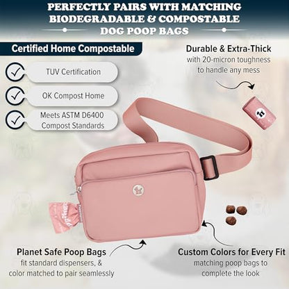 Puppington 3-in-1 Crossbody Dog Walking Bag & Treat Pouch with Matching Planet Safe Poop Bags & Built-In Dispenser - Zippered Pockets (Blush Pink) - color: Blush Pink
