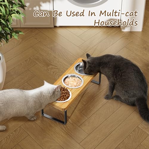 Elevated Cat Bowls with 3 Stainless Steel Bowls | 10° Tilted Anti-Vomiting Raised Cat Food Bowl for Small Cats and Puppies Pet Bowl with Stand - color: Bamboo