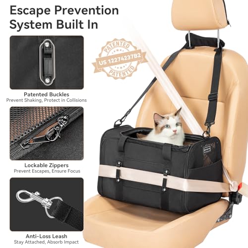PETSFIT Soft-Sided Cat Carrier with Patented Safety Buckles, Lockable Zippers & Safety Tether,Escape-Resistant Travel Pet Carrier for Car Rides & Vet Visits, Airline Approved Under-Seat, Up to 12 lbs - color: Black, size: 18.0"L x 11.0"W x 11.0"H