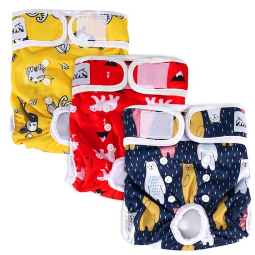 SlowTon Washable Dog Diapers Female - 3 Pack No Leak Reusable Doggie Puppy Diaper with Adjustable Buttons, Comfortable Female Dog Diapers for Heat Cycle Period Small Medium Large Dogs (XL) - color: C.Animal, size: X-Large (22''-29''Waist)