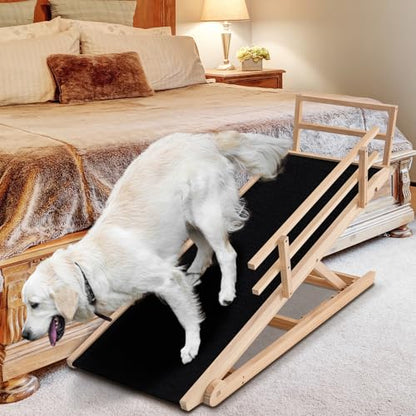 Dog Ramp for Bed, Adjustable Pet Ramps for Dog to Get on Bed, Non-Slip Rubber Surface - Folding Wooden Dog Ramp for Small/Large/Old Dogs, Adjustable up to 27.5 inch High Beds, Safety Railings - size: L-for 27.5''H Bed