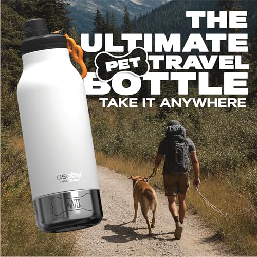 asobu Buddy Bottle a 스테인리스 스틸 단열 물병, 탈착식 개 물병 및 개 사료 및 간식 보관 그릇 포함 (화이트, 963.9g(34온스) 물병 | 그릇 2개) - color: 화이트.