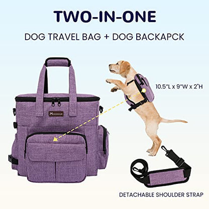 Modoker Dog Travel Organizer Carriers for Supplies & Accessories, Airline Approved Cat Pet Travel Bag, 2 Collapsible Bowls, 2 Travel Dog Food Container, Purple - color: Soft Purple