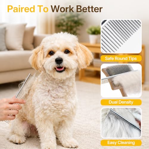 2PCS Dog Brush for Shedding, Slicker Brush for Dogs and Pet Detangling Metal Comb Set, Dog Grooming Supplies for Long Haired Pets, Poodles, Thick Fur, Deshedding Rake Tool - color: Bamboo 2pc Set