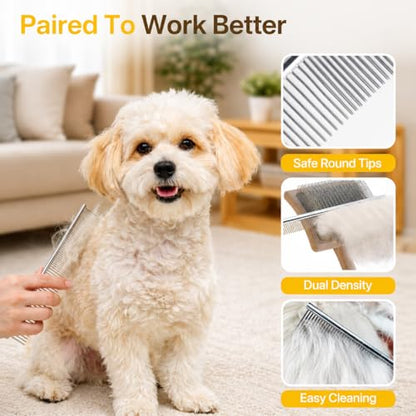 2PCS Dog Brush for Shedding, Slicker Brush for Dogs and Pet Detangling Metal Comb Set, Dog Grooming Supplies for Long Haired Pets, Poodles, Thick Fur, Deshedding Rake Tool - color: Bamboo 2pc Set