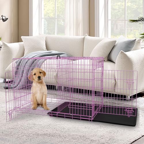 Dog Crate, 24/30/36/42/48 Inch Dog Crates for Small Medium Large Dogs Indoor, Folding Metal Dog Kennel Dog Cage with Double-Door, Divider Panel, Removable Tray, Locks and Handle, (30 Inch, Pink) - color: PINK, size: 30.0"L x 18.0"W x 20.0"H