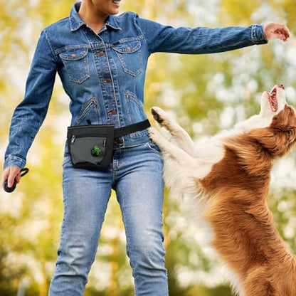 Gobeigo Dog Treat Pouch and Training Clicker, Upgrade Two Magnetic Closure to Prevent Spills, 2 Cup Treat Bag with Poop Bag Dispenser, Metal Clip Waist Belt Fanny Pack for Pet Walk (Black/Gray) - color: C-Black/Gray