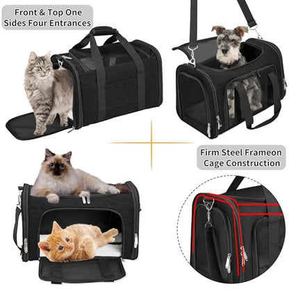 Soft-Sided Cat/Dog/Pet Carrier, Collapsible Pets Travel Carriers for Big Cats/Small Dogs with Shoulder Strap & Removable Mat, Mesh Puppy Carry Bag, Up to 16 Lbs, TSA Airline Approved(Black) - color: BLACK, size: 17"L x 11"W x 11"H