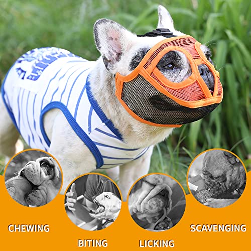 BARKLESS Short Snout Dog Muzzle, Breathable Mesh Flat Faced Muzzle for French Bulldog Shih Tzu and Pug, Mask Bulldog Mouth Cover for Biting Chewing Licking (Orang, XS) - size: XS (Head 13.0-14.5'')