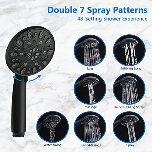 High Pressure 48-Settings Shower Head with Handheld Shower,Drill-Free 3-Way Diverter for Easy Reach,Adjustable Height Slide Bar Dual Shower Head Combo Set - Matte Black - color: Matte Black