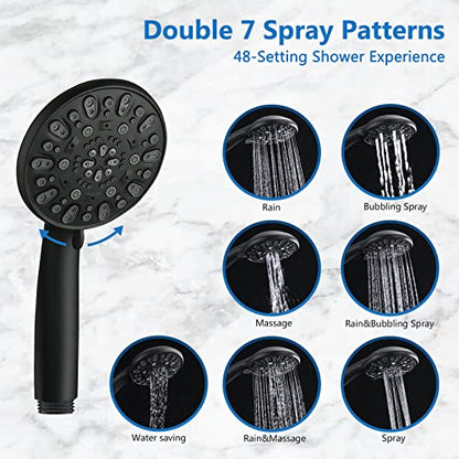 High Pressure 48-Settings Shower Head with Handheld Shower,Drill-Free 3-Way Diverter for Easy Reach,Adjustable Height Slide Bar Dual Shower Head Combo Set - Matte Black - color: Matte Black