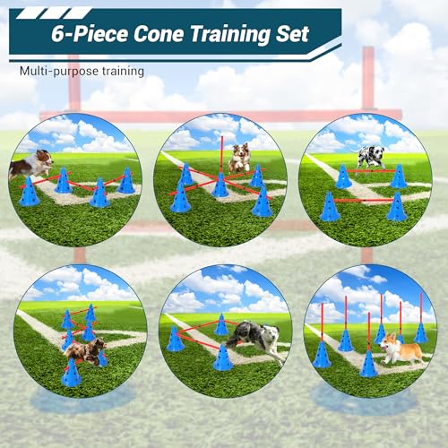 Dog Agile Hurdle Cone Set, Puppy Agility Training Course Equipment with 12 Cones & 6 Agile Rods Combo, 4-Height Adjustable Backyard Obstacle with Storage Bag, 11.5 Inch