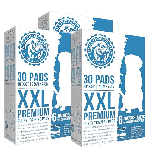 Bulldogology Puppy Pee Pads XXL with Adhesive Sticky Tape - Extra Large Dog Puppy Pads (30x30) Puppy Pads Pet Training Pads with 6 Layers Quick Dry Bullsorbent Polymer Tech (90-Count, White) - size: 90-Count (30x30)
