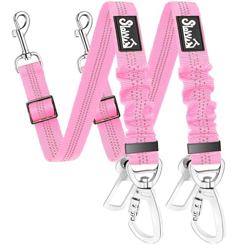 SlowTon Dog Seatbelt, 2 Pack Dog Seat Belt Car Leash Adjustable Elastic Bungee Buffer Heavy Duty Nylon Reflective Pet Safety Tether Connect to Dog Harness for Travel Riding in Vehicle (Daul Clip, PI) - color: Pink