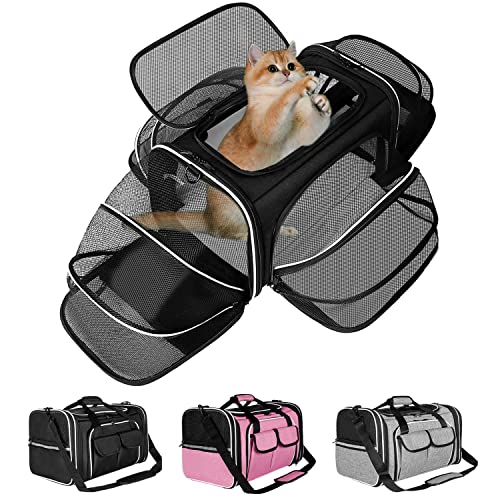 Estarer Soft Sided Pet Carrier Airline Approved, 4 Sides Expandable Collapsible Cat Carrier with Pockets & Removable Fleece Pad, Travel Carrier Bag for Cat Dog & Small Animals (Black) - color: Black