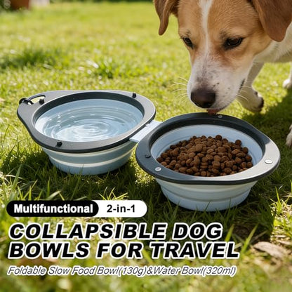 2-in-1 Blue Collapsible Dog Bowls with Carabiner | Foldable Water Bowl(320ml) Foldable Slow Food Bowl(130g) for Dogs Cats Travel Hiking Camping - color: Blue