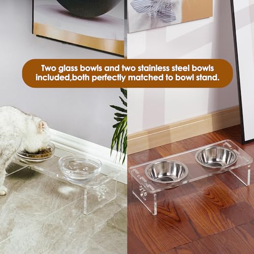 Elevated Dog & Cat Bowls – 3.75” Acrylic Raised Pet Feeder Stand with 2 Stainless Steel & 2 Glass Bowls – Food & Water Dish Set for Puppy/Small Dogs & Cats - size: Small Dogs & Cats-3.75" Height