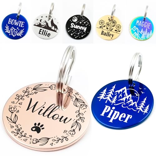 Personalized Pet ID Tags, Customizable Hexagon, Bone and Round Shapes, Multiple Designs with Mountain, Floral, and Night Sky Patterns, Stainless Steel Dog and Cat Tags (Circle) - style: Circle