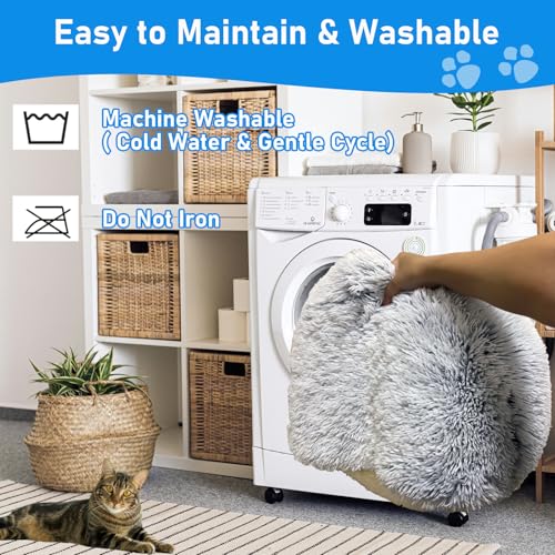 Furry Cozy Cave Bed for Cat, Enclosed Plush Dog Hooded House 20inch | Soft Fluffy, Non-Slip, Washable, Self-Warming, Appease Anti Anxiety Animal, Round