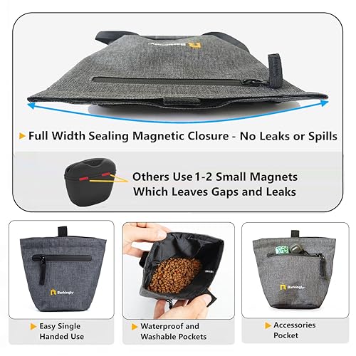 Barkingly. Dog Treat Pouch for Pet Training with Clicker. No Spill Magnetic Closure, 4 Ways to Wear, Detachable Waist Belt and Clip, Durable, One Handed Training, Waterproof Body. Treat Bag Pouches.