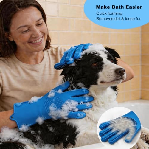 2PCS Dog Washing Gloves and Dog Bath Brush, Pet Shower Mitt with 3000 Soft Rubber Bristles, Adjustable Handle Scrubber for Bath, Massage and Grooming - color: Blue