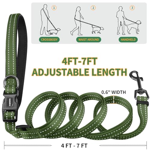 Kazazoo Hands-Free Dog Leash with Poop Bag Holder, Adjustable 4-7 Ft Waist for Dog Walking, Running for Small Dogs with Reflective Strips, Nylon Waist Belt, Green - color: Green