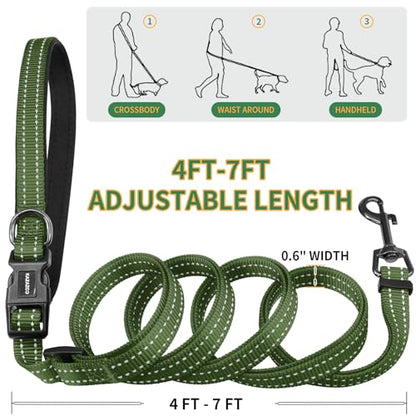 Kazazoo Hands-Free Dog Leash with Poop Bag Holder, Adjustable 4-7 Ft Waist for Dog Walking, Running for Small Dogs with Reflective Strips, Nylon Waist Belt, Green - color: Green