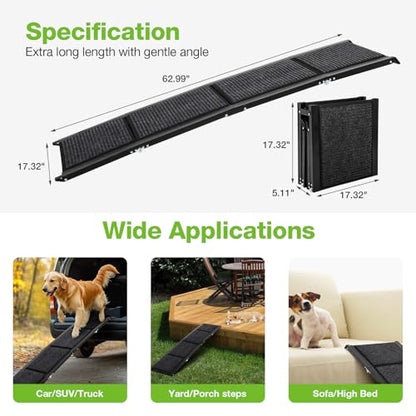 Dog Ramp for Car，63" x 17" Wide Folding Pet Ramp Dog Ramps for Medium & Large Dogs with Non-Slip Rug Surface ，Portable Dog Car Ramp for SUV Car & Truck, Outdoor Dog Ramp Up to 250 LBS - size: Upgraded 63" L x 17.3" W