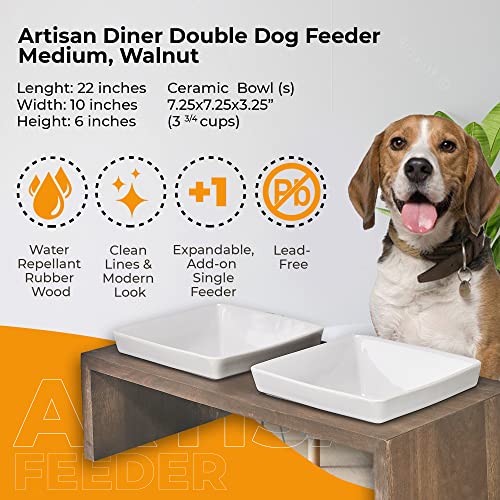 Bowsers Artisan Diner Double Dog Feeder - Handcrafted Rubberwood Frame with Square Ceramic Bowls Feeder for Dogs - Walnut, Medium, 22" x 10" x 6" - color: Walnut, size: Medium