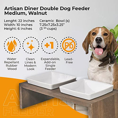 Bowsers Artisan Diner Double Dog Feeder - Handcrafted Rubberwood Frame with Square Ceramic Bowls Feeder for Dogs - Walnut, Medium, 22" x 10" x 6" - color: Walnut, size: Medium