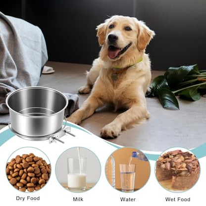 2 Pack Dog Crate Water Bowl Hanging Kennel Water Bowls No Spill Stainless Steel Dog Food Bowls Kennel Bowl Mountable Coop Cup for Large Medium Dogs (7.1” & 7.9”)