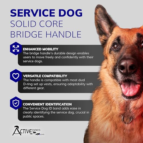 ActiveDogs Service Dog Handle, 12 inch, Solid Core Aluminum, T-Shape or Round or Rectangular, Made in USA, Includes Molded Rubber Grip & Adjustable Chrome ID Band