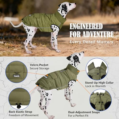 Dog Winter Puffer Jacket Waterproof, Reflective Furry Fleece Lined Dog Coats for Small Medium Dogs, Warm Snow Coat, Insulated Cold Weather Dogs Vest Jackets with Leash Hole, Olive - color: Olive, size: XL: 20–25 lbs