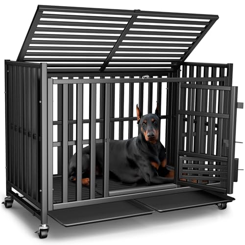 Heavy Duty Dog Crate, Escape-Proof Indestructible Cage for High-Anxiety Dogs, 3-Door Kennel with 4 Lockable Wheels and 2 Removable Trays Ideal for Large & Medium Breeds (43 Inch) - size: 43.0"L x 27.0"W x 37.0"H