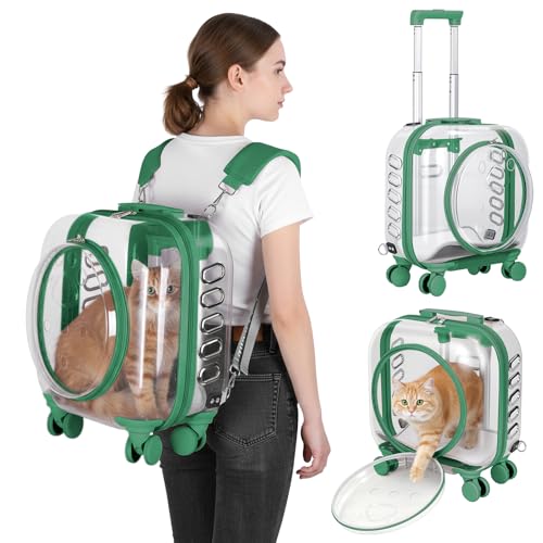 Portable Pet Carrier Trolley Box - Ventilated PC Travel Carrier with Silent Shock-Absorbing Wheels, Telescopic Handle for Cats, Small Dogs, Puppies - Outdoor Hiking, Camping, Car & Airline A - color: Green
