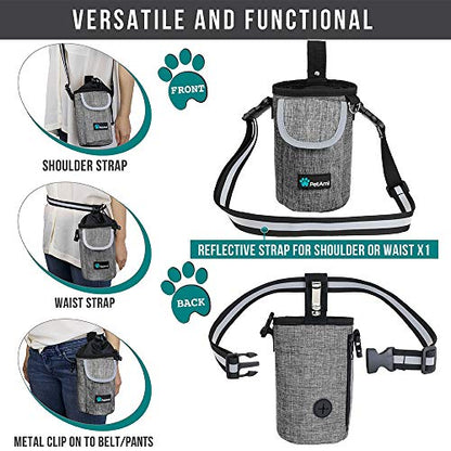 PetAmi Dog Treat Pouch, Large 3-Cup Dog Training Treat Bag with Poop Bag Dispenser, Hands-Free Waist Belt & Crossbody Strap, Reflective with Multiple Pockets & Belt Clip (Heather Grey) - color: Heather Grey