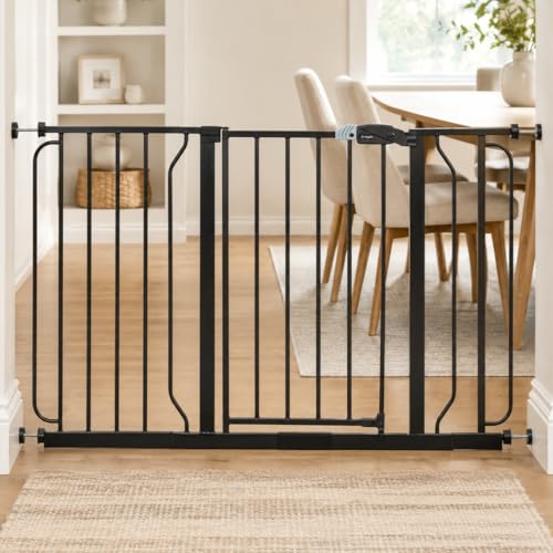 Regalo Safety 29-49" Easy Step Extra Wide Baby Gate for Doorways & Bottom of Stairs, Pressure Mounted Safety Gate with Door for Babies, Toddlers & Pets, Black - color: Black, size: 29-49"W x 30"H