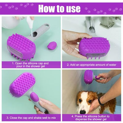 Pet Bath Brush, 2 in 1 Dog Grooming Brush with Built-in Shampoo Dispenser for Dogs and Cats Shower - color: Purple