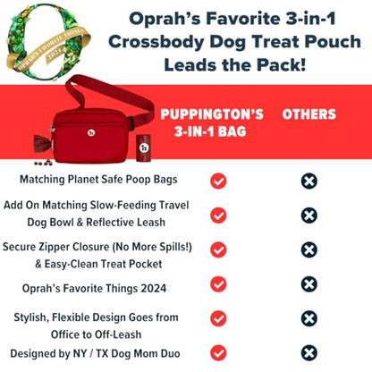 Puppington 3-in-1 Crossbody Dog Walking Bag & Treat Pouch with Matching Planet Safe Poop Bags & Built-In Dispenser - Dog Mom Gift for Puppy Training with Zippered Pockets (Ruby Red) - color: Ruby Red