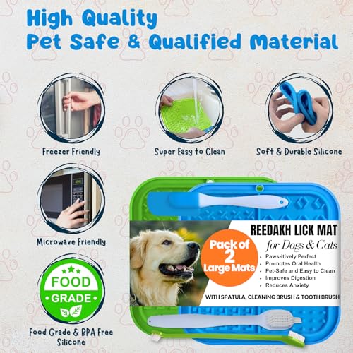 Large Licking Mats for Dogs and Cats, Slow Feeder Lick Pad with Suction Cups for Dog Training,Peanut Butter Licking Pad for Boredom Reducer (2 Lick Mats with Free Spatula, Tooth Brush, cleaning Brush)