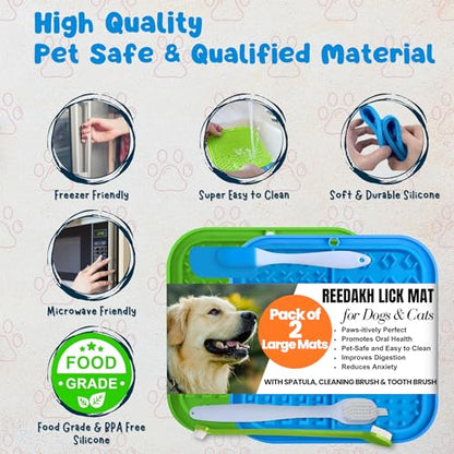Large Licking Mats for Dogs and Cats, Slow Feeder Lick Pad with Suction Cups for Dog Training,Peanut Butter Licking Pad for Boredom Reducer (2 Lick Mats with Free Spatula, Tooth Brush, cleaning Brush)
